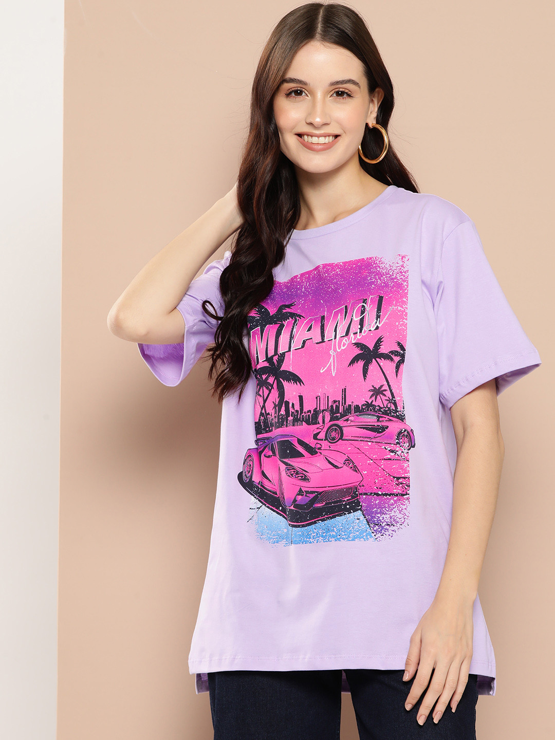 HERE&NOW Graphic Printed Drop-Shoulder Sleeves Pure Cotton Oversized T-shirt, Lavender 
HERE&NOW Graphic Printed Drop-Shoulder Sleeves Pure Cotton Oversized T-shirt, Lavender