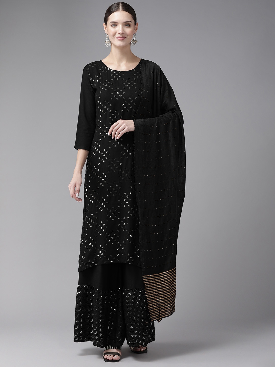 Aarika Ethnic Motifs Embroidered Sequinned Pure Cotton Kurta with Sharara & Dupatta, Black
Aarika Ethnic Motifs Embroidered Sequinned Pure Cotton Kurta with Sharara & Dupatta, Black