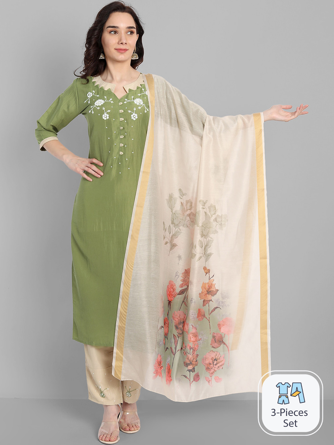 KALINI Floral Embroidered Regular Thread Work Linen Kurta With Harem Pants & Dupatta, Green
KALINI Floral Embroidered Regular Thread Work Linen Kurta With Harem Pants & Dupatta, Green