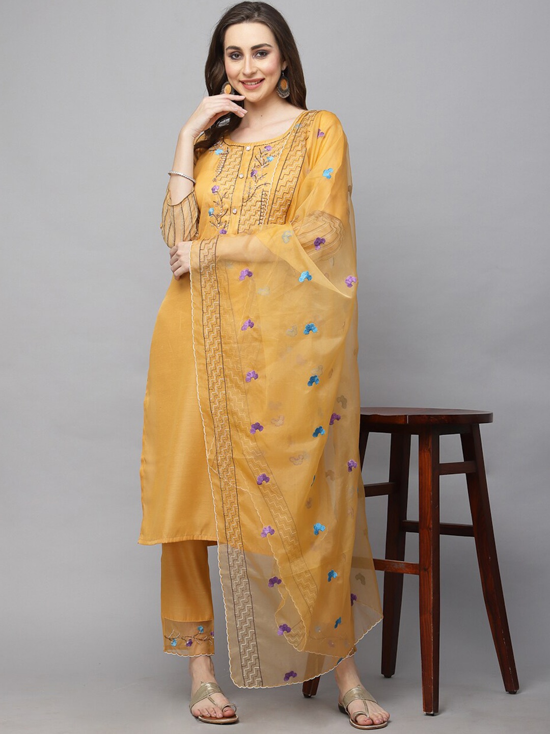 KALINI Floral Yoke Design Beads And Stones Kurta with Trousers & With Dupatta, Mustard
KALINI Floral Yoke Design Beads And Stones Kurta with Trousers & With Dupatta, Mustard