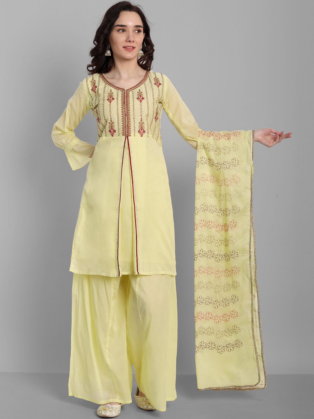 KALINI Floral Embroidered Thread Work Pure Cotton A-Line Kurta & Sharara With Dupatta, Yellow
KALINI Floral Embroidered Thread Work Pure Cotton A-Line Kurta & Sharara With Dupatta, Yellow