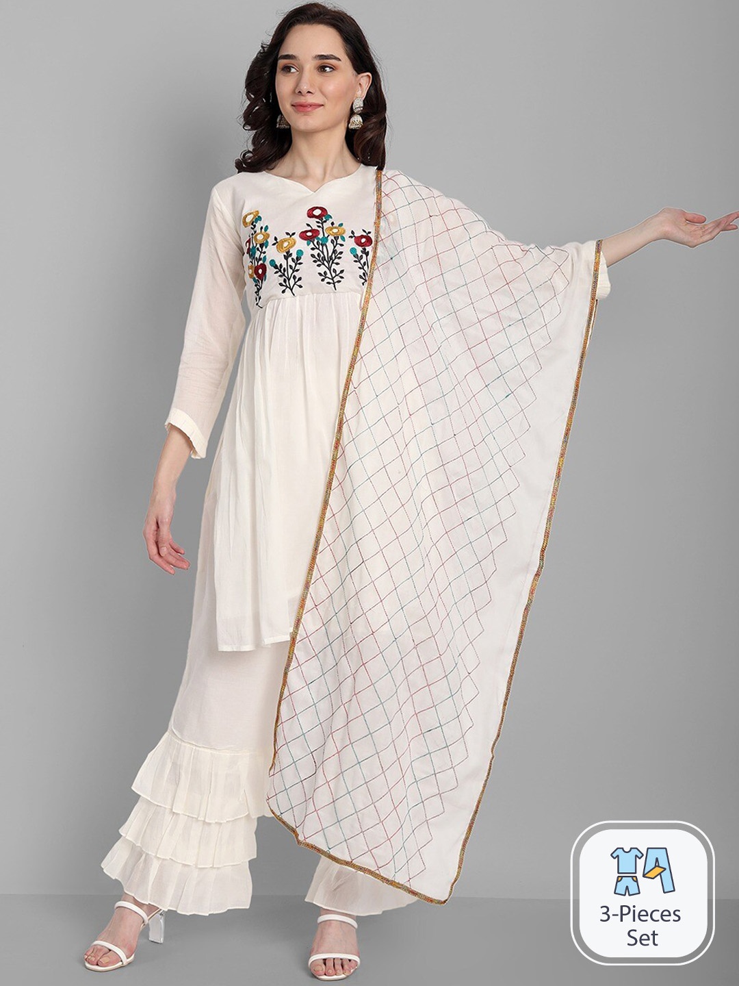 KALINI Floral Embroidered Empire Thread Work Pure Cotton Kurta With Sharara & Dupatta, White
KALINI Floral Embroidered Empire Thread Work Pure Cotton Kurta With Sharara & Dupatta, White