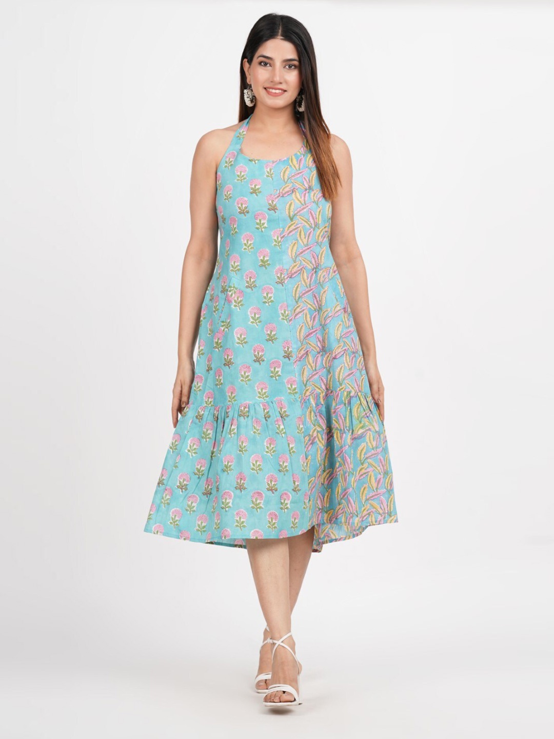 JAIPURIBANNO Floral Print Cotton Maxi Dress, Blue