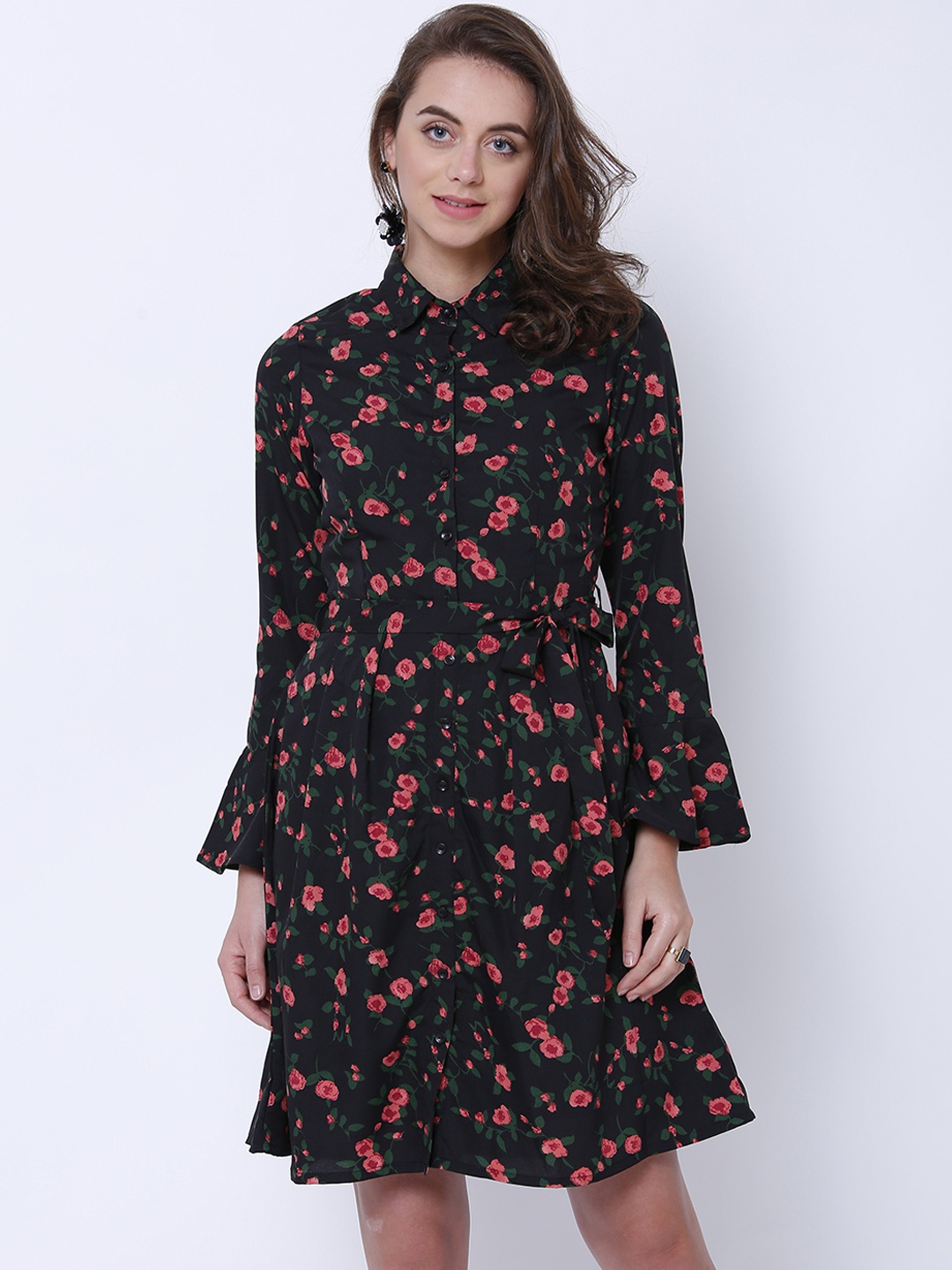Tokyo Talkies Women Black Printed Fit and Flare Dress