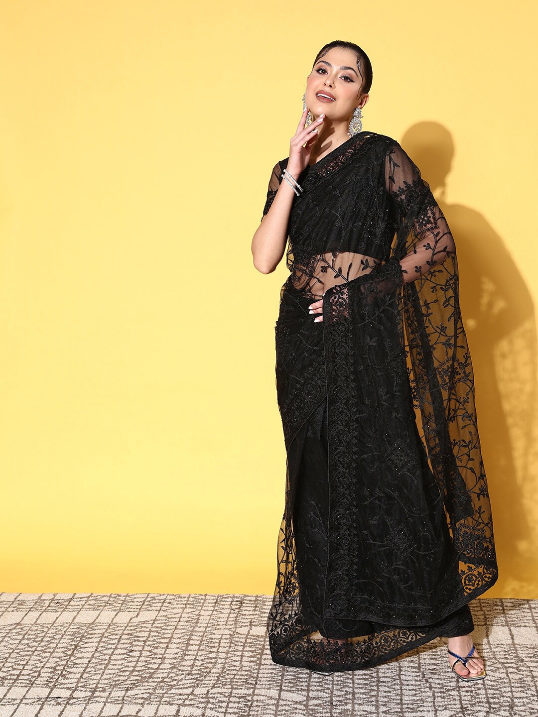Mitera Black Floral Embroidered Net Saree