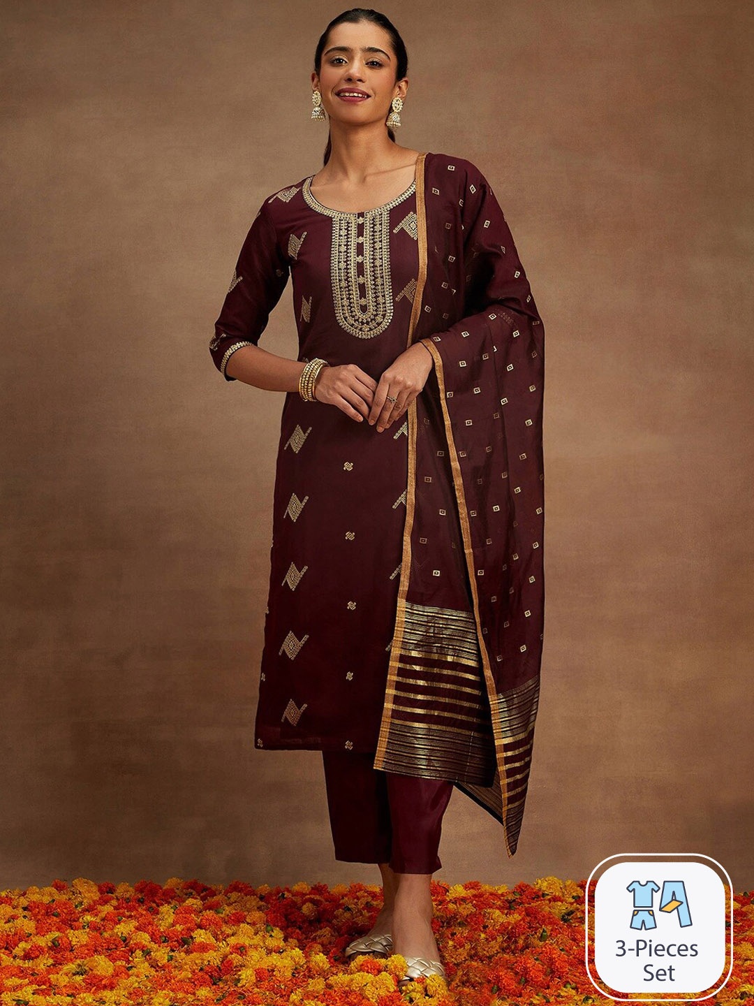 Libas Ethnic Motifs Sequinned Chanderi Silk Kurta With Trousers & Dupatta, Burgundy
Libas Ethnic Motifs Sequinned Chanderi Silk Kurta With Trousers & Dupatta, Burgundy