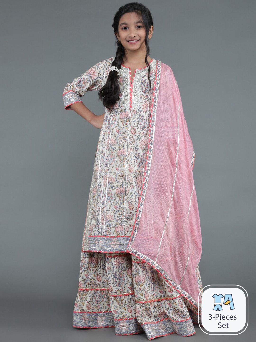 Aks Kids Girls Floral Printed Regular Gotta Patti Pure Cotton Kurta & Skirt With Dupatta, White
Aks Kids Girls Floral Printed Regular Gotta Patti Pure Cotton Kurta & Skirt With Dupatta, White
