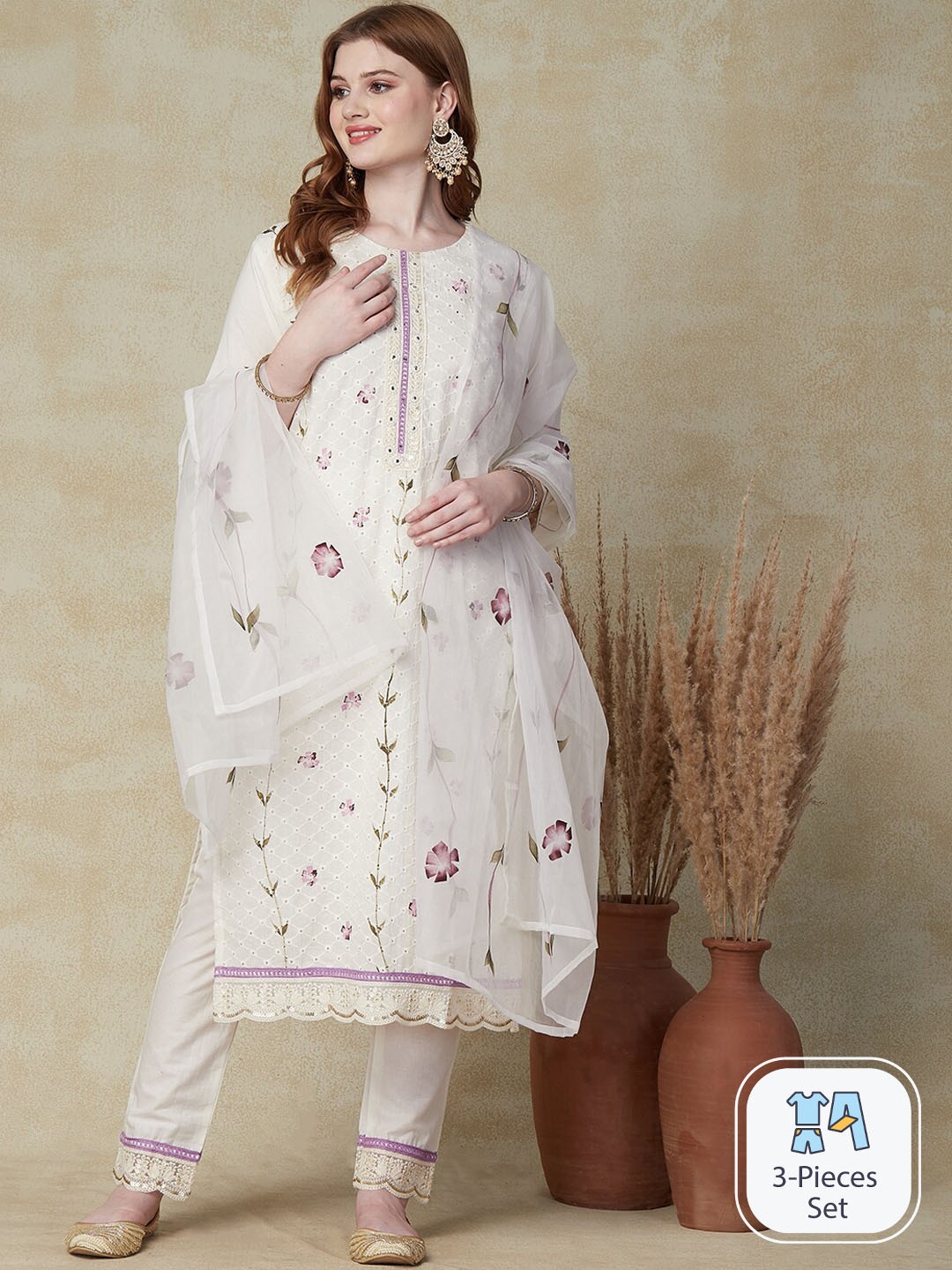 FASHOR Floral Embroidered Thread Work Pure Cotton Kurta With Trousers & Dupatta, Off white
FASHOR Floral Embroidered Thread Work Pure Cotton Kurta With Trousers & Dupatta, Off white