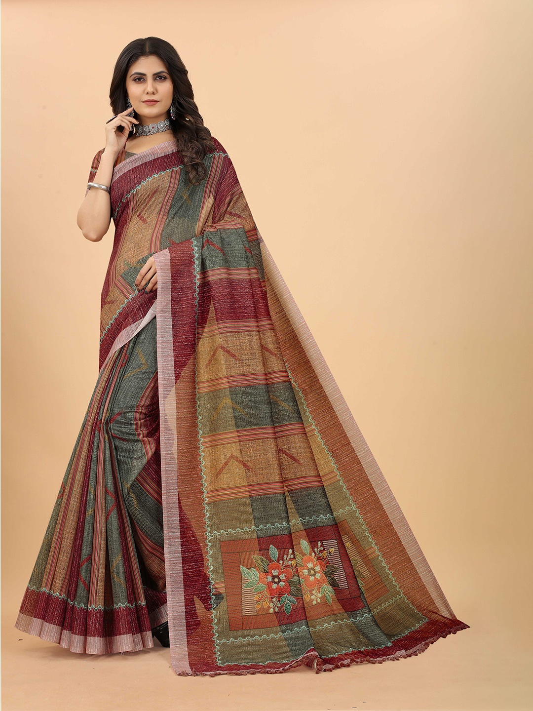 BAESD Abstract Printed Linen Blend Saree, Green