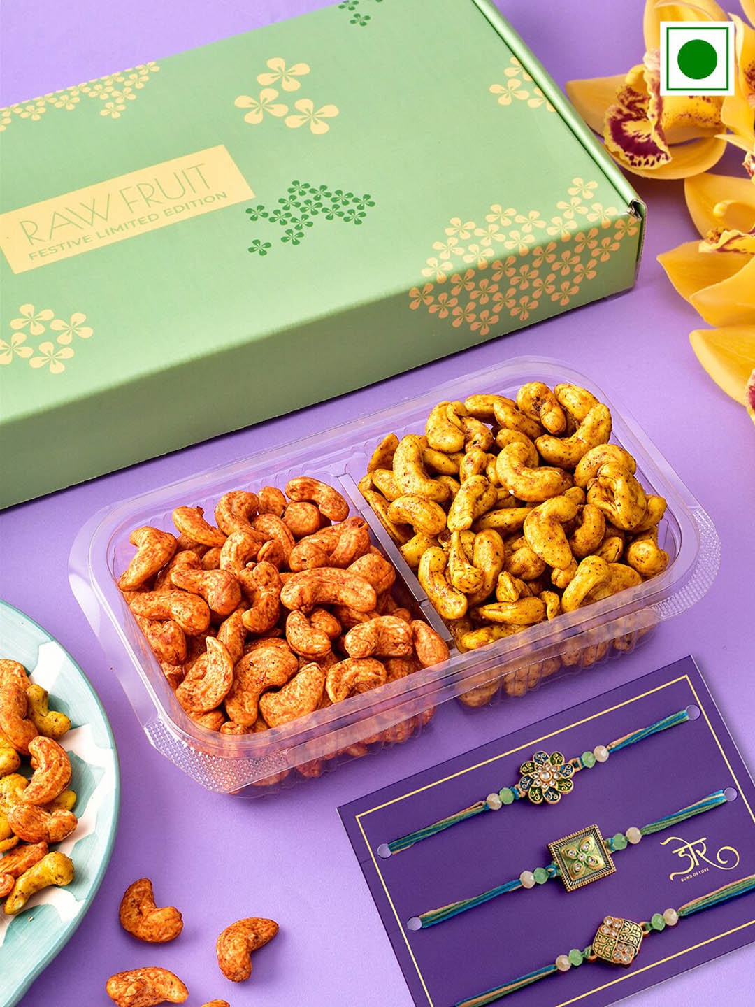 RawFruit Set Of 3 Charm Detail Rakhi With Chawal DryFruits Gift Set -125 gms Each, Blue
RawFruit Set Of 3 Charm Detail Rakhi With Chawal DryFruits Gift Set -125 gms Each, Blue