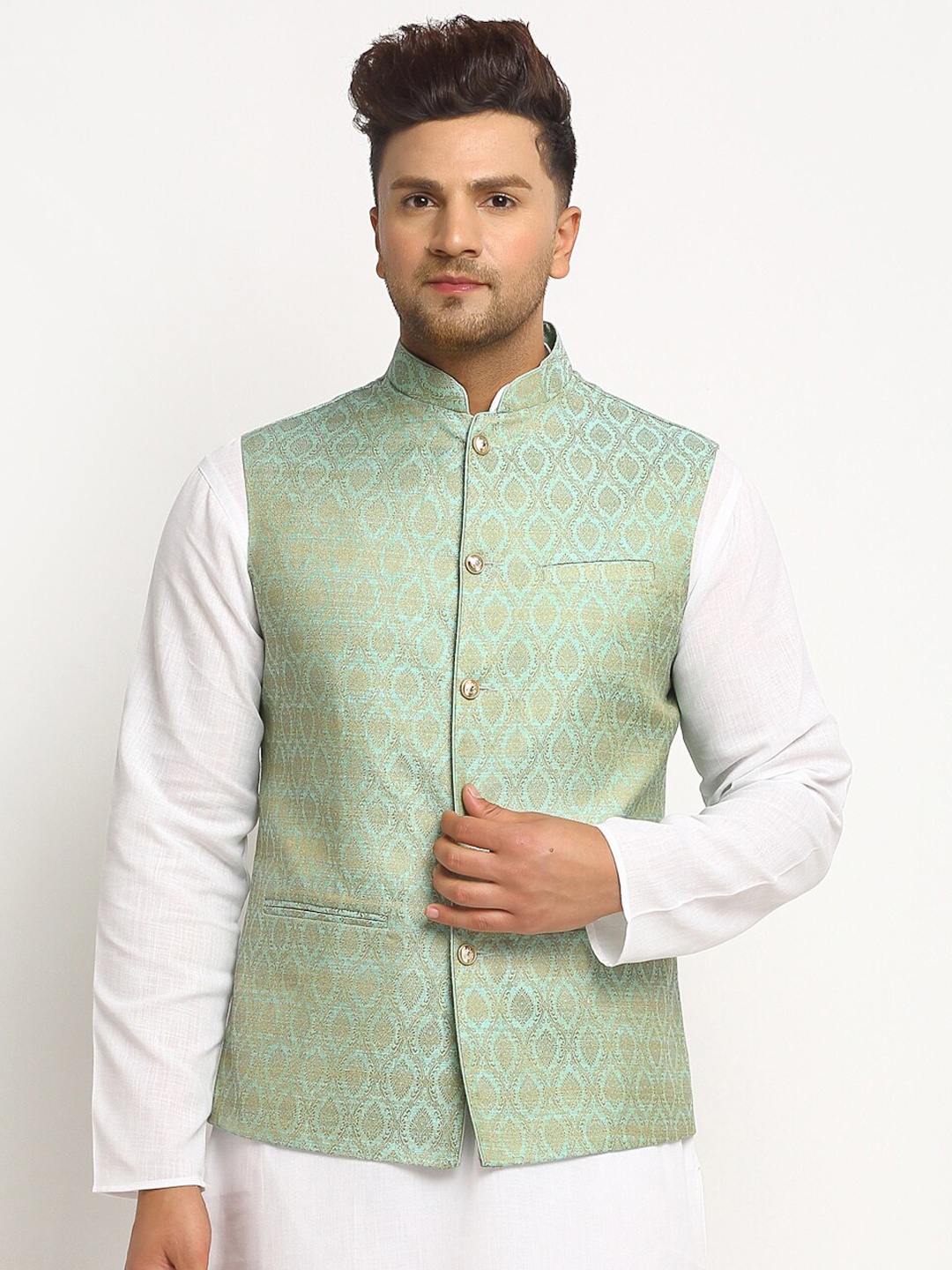 TREEMODA Woven Design Nehru Jackets, Green