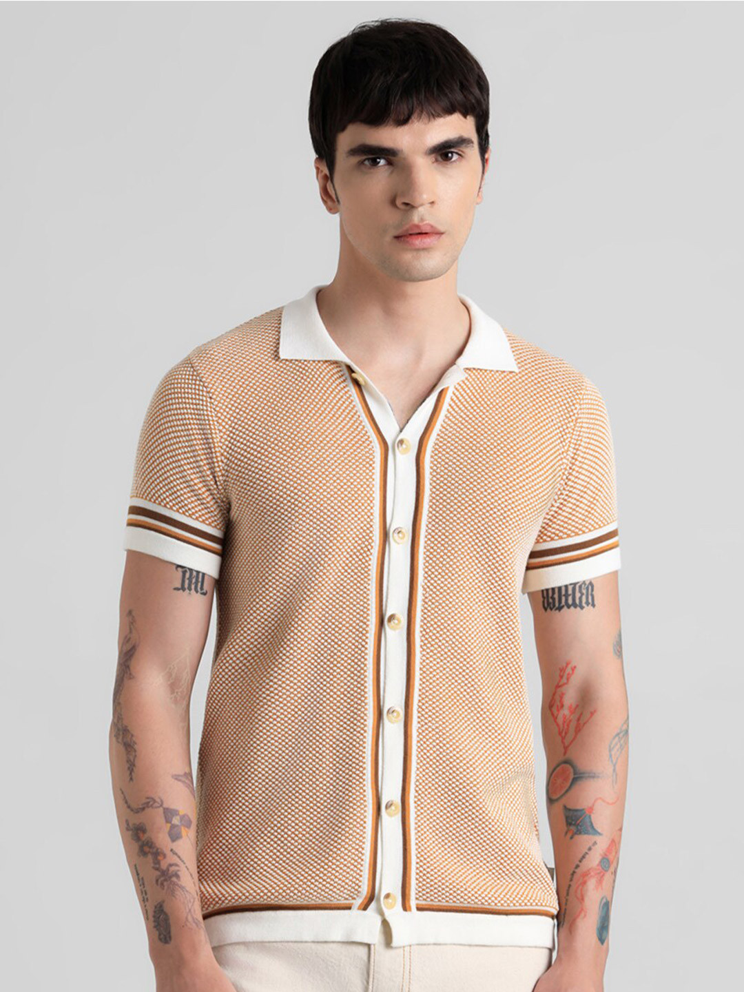Jack & Jones Self Design Spread Collar Slim Fit Pure Cotton Shirt, Yellow 
Jack & Jones Self Design Spread Collar Slim Fit Pure Cotton Shirt, Yellow
