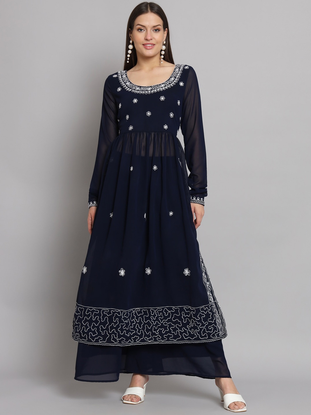 Poshak Hub Floral Embroidered A-Line Pleated High Slit Kurta with Palazzos, Navy blue
Poshak Hub Floral Embroidered A-Line Pleated High Slit Kurta with Palazzos, Navy blue