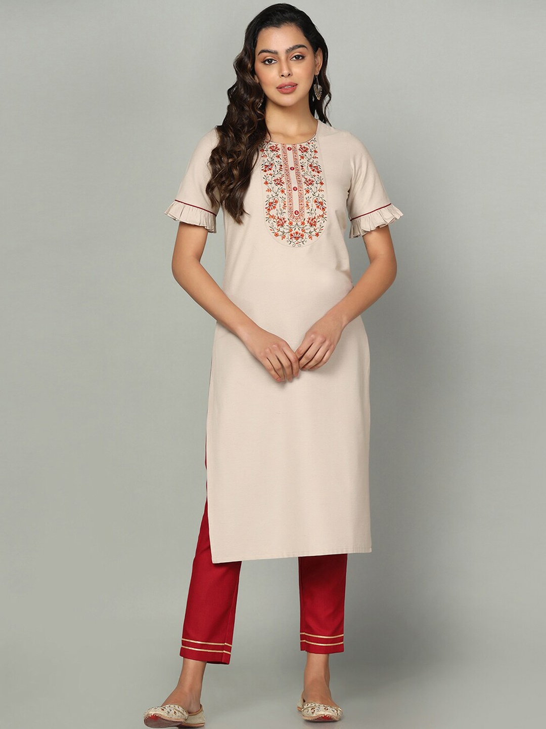 KALINI Floral Embroidered Kurta, Beige