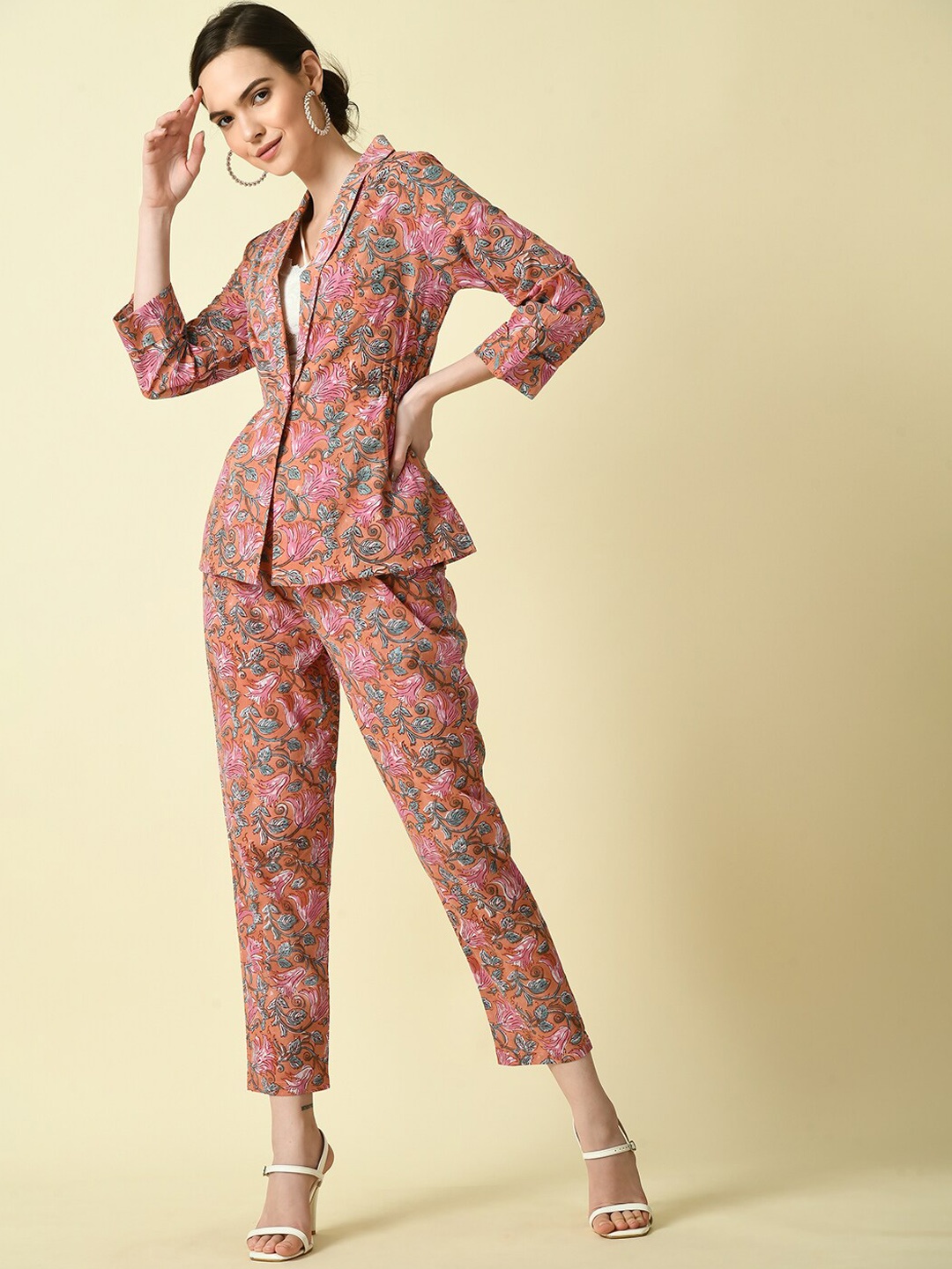 Myshka Floral Printed Lightweight Tailored Jacket, Orange