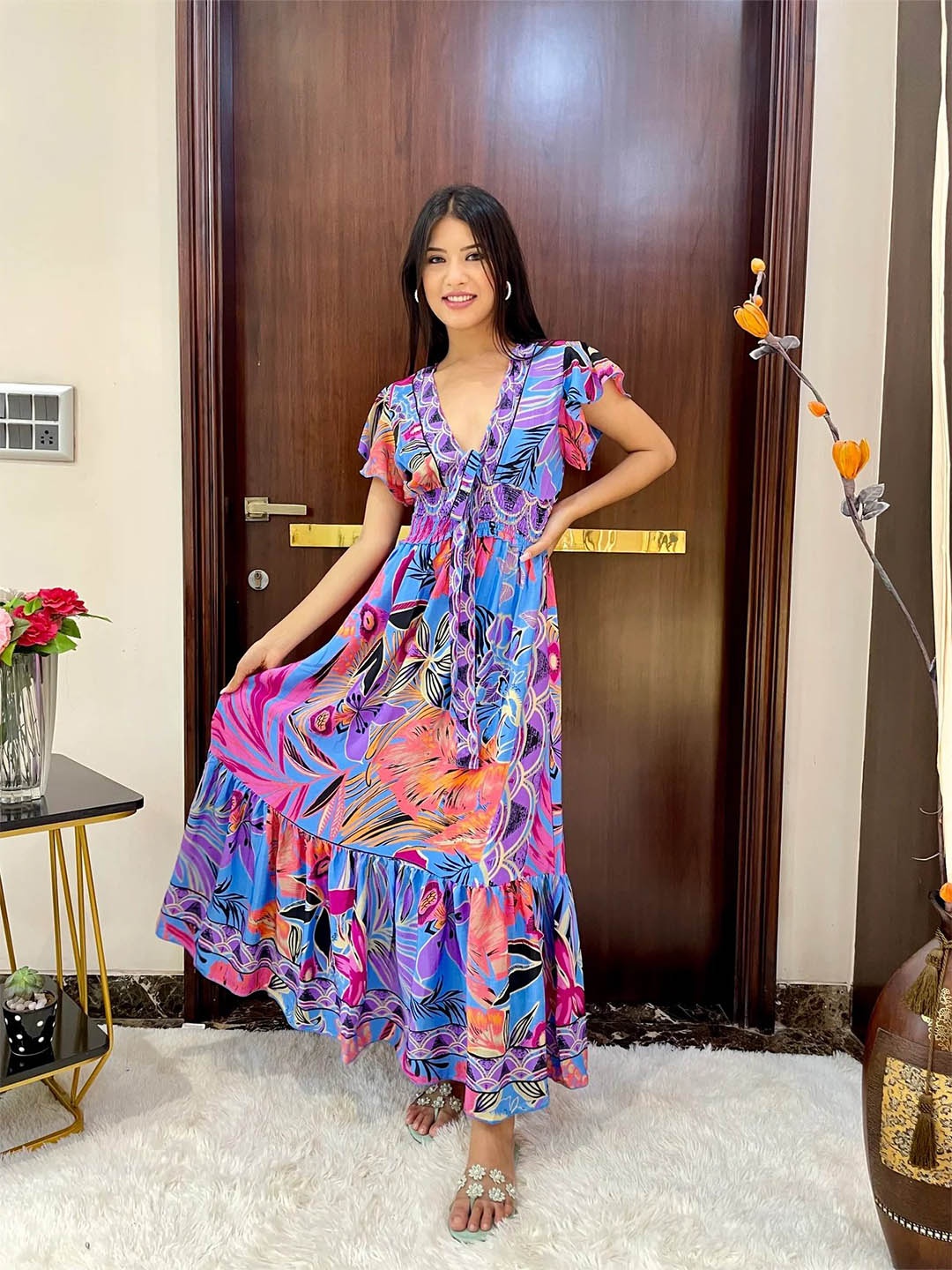 smisingbee Floral Printed V-Neck Flutter Sleeve Smocked & Tie-Up Bohemian Maxi Dress, Blue
smisingbee Floral Printed V-Neck Flutter Sleeve Smocked & Tie-Up Bohemian Maxi Dress, Blue