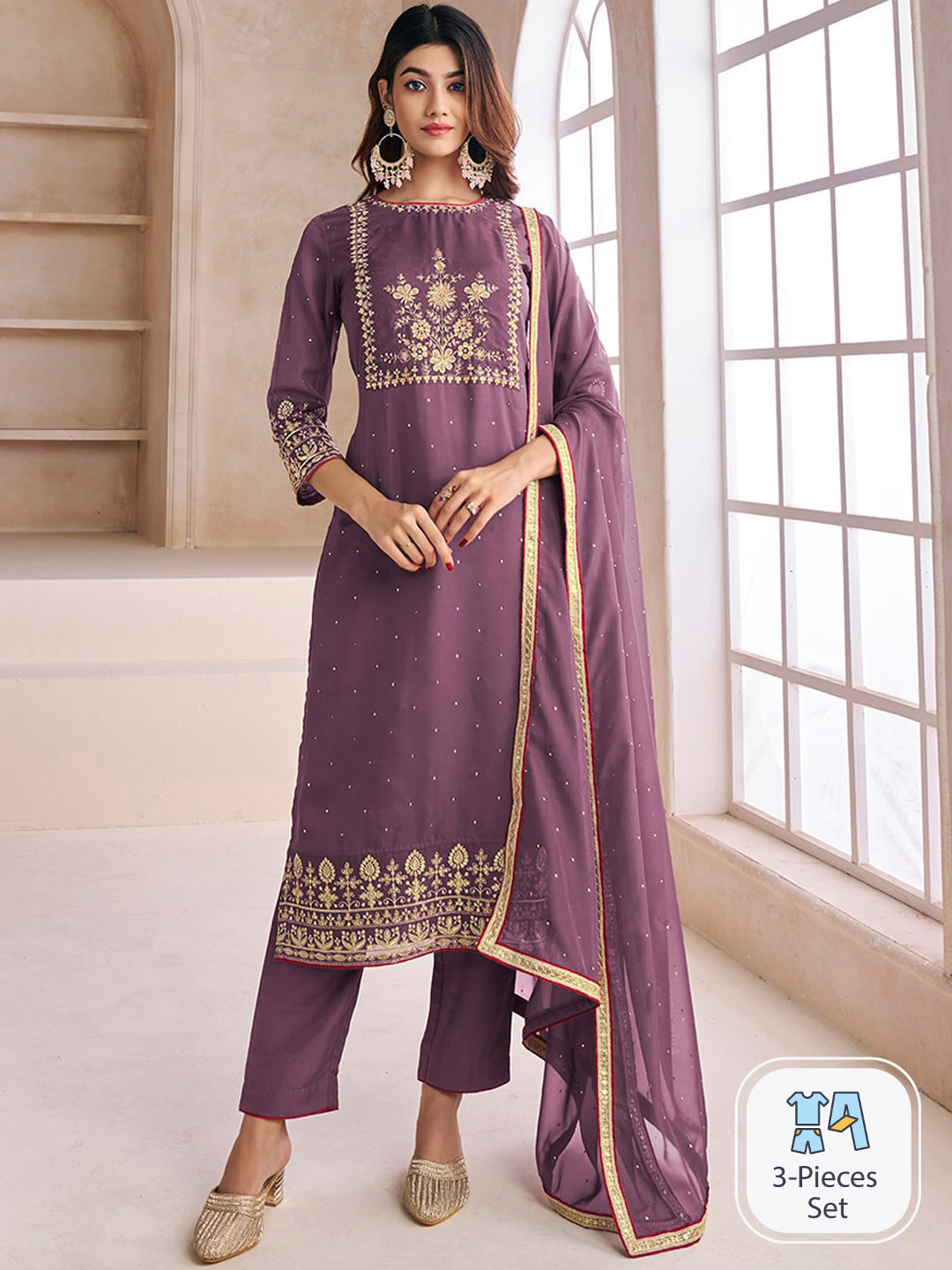 Inddus Purple Floral Embroidered Yoke & Border Zari Straight Kurta & Trousers With Dupatta
Inddus Purple Floral Embroidered Yoke & Border Zari Straight Kurta & Trousers With Dupatta