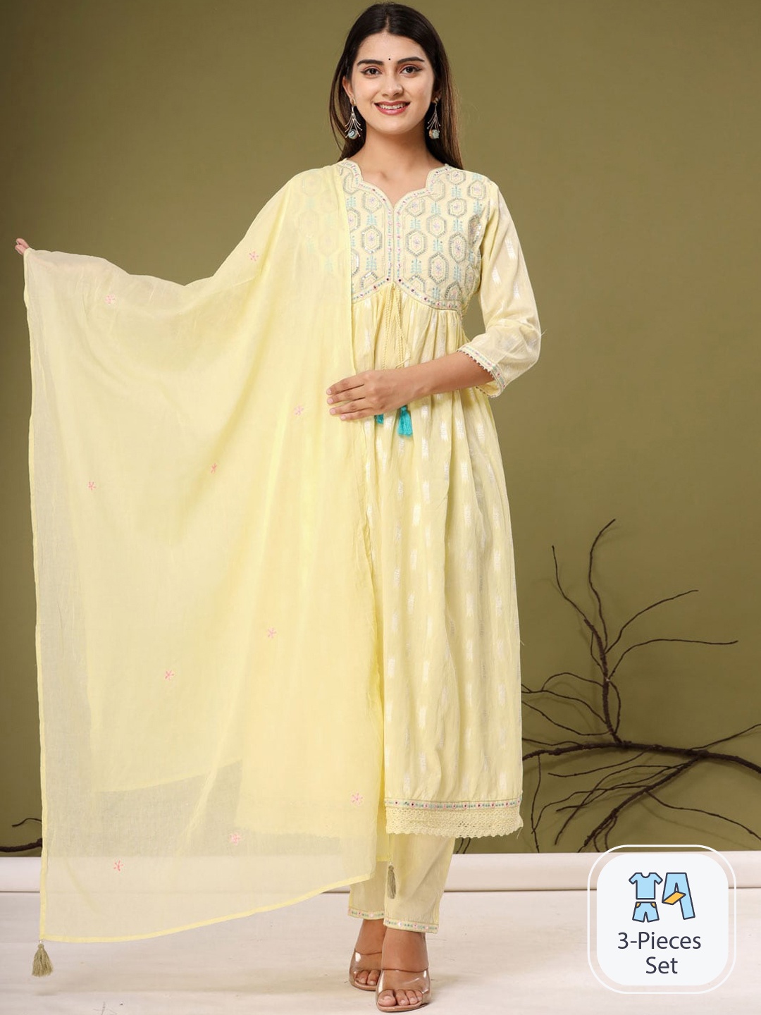 Readiprint Fashions Ethnic Motifs Embroidered Pure Cotton Kurta With Trousers & Dupatta, Yellow
Readiprint Fashions Ethnic Motifs Embroidered Pure Cotton Kurta With Trousers & Dupatta, Yellow