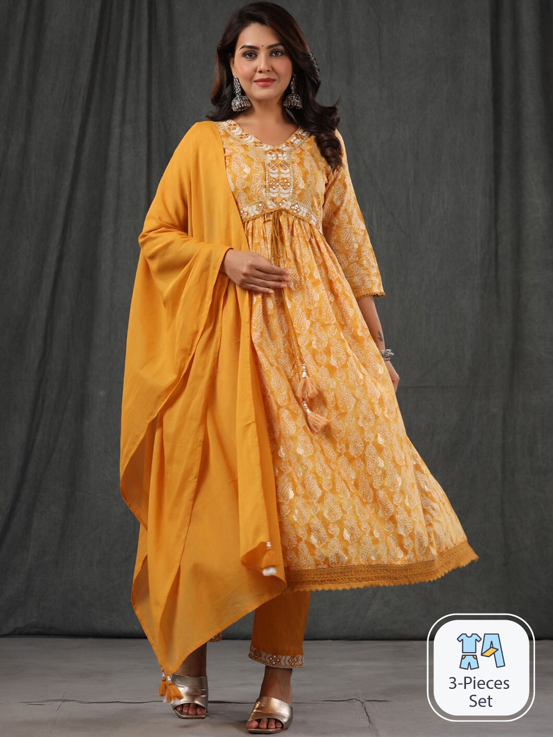 Readiprint Fashions Floral Printed Empire Pure Cotton Kurta With Trousers & Dupatta, Yellow
Readiprint Fashions Floral Printed Empire Pure Cotton Kurta With Trousers & Dupatta, Yellow