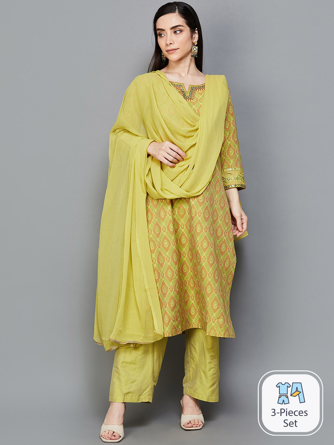 Melange by Lifestyle Ethnic Motifs Printed Mirror Work Kurta With Trousers & Dupatta, Yellow
Melange by Lifestyle Ethnic Motifs Printed Mirror Work Kurta With Trousers & Dupatta, Yellow