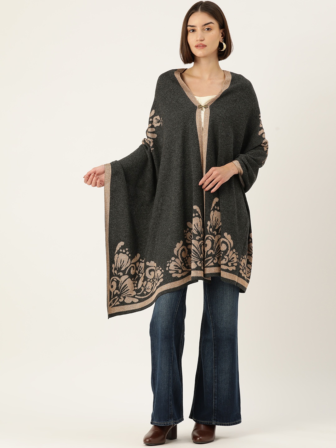 American Eye Women Printed Ethnic Open Front Shrug, Black