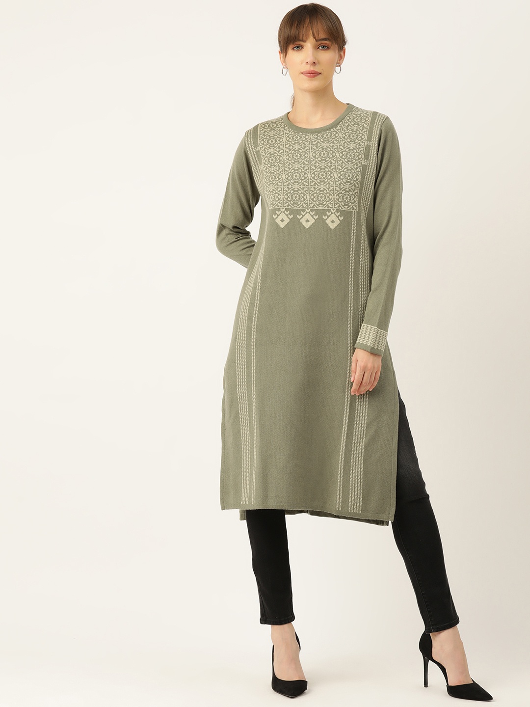 American Eye Women Ethnic Motifs Woven Design Acrylic Straight Winter Kurta, Olive
American Eye Women Ethnic Motifs Woven Design Acrylic Straight Winter Kurta, Olive