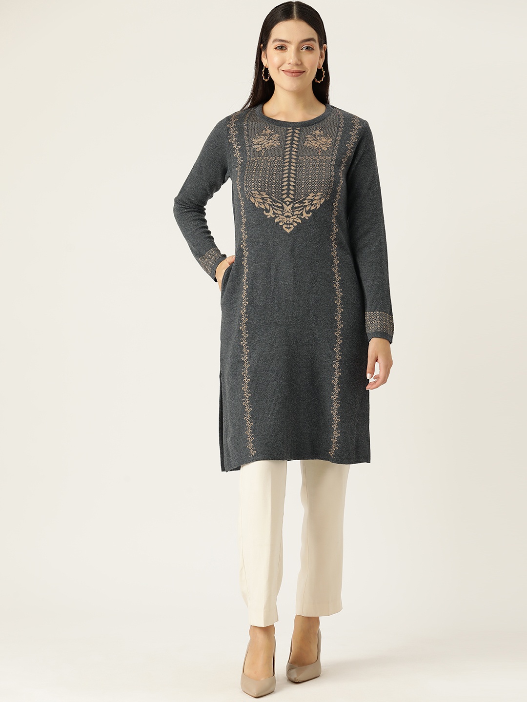 American Eye Women Ethnic Motifs Woven Design Acrylic Straight Winter Kurta, Charcoal
American Eye Women Ethnic Motifs Woven Design Acrylic Straight Winter Kurta, Charcoal