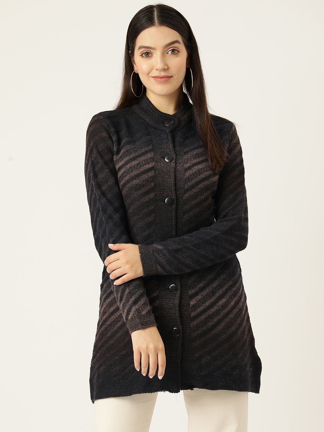 American Eye Self-Striped Longline Cardigan, Black