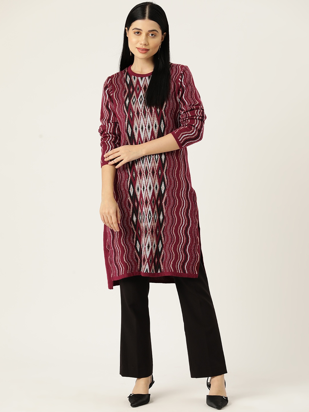 American Eye Women Ethnic Motifs Woven Design Acrylic Straight Winter Kurta, Burgundy
American Eye Women Ethnic Motifs Woven Design Acrylic Straight Winter Kurta, Burgundy