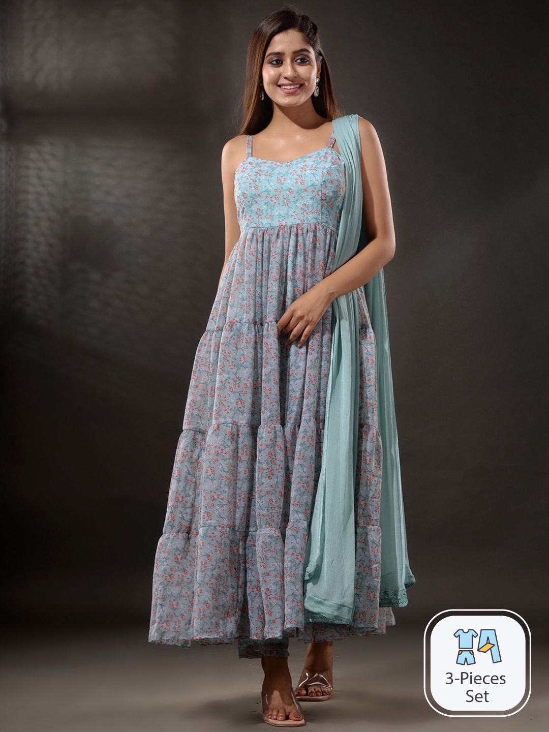 Disli Floral Printed Shoulder Straps Anarkali Georgette Kurta With Trousers & Dupatta, Blue
Disli Floral Printed Shoulder Straps Anarkali Georgette Kurta With Trousers & Dupatta, Blue