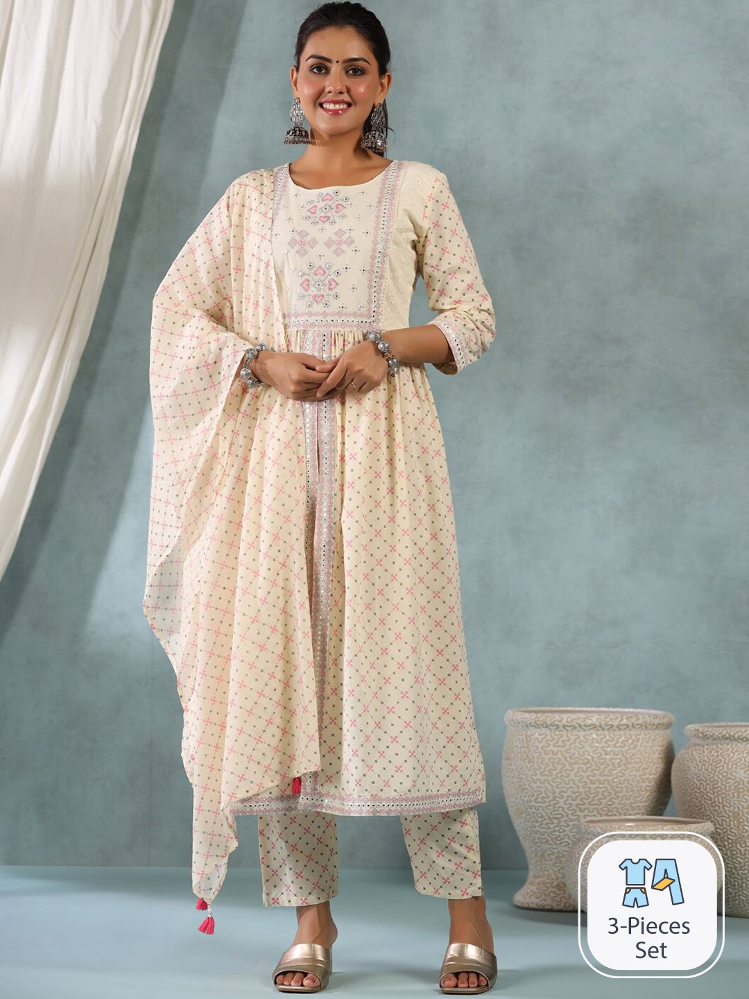 Readiprint Fashions Printed Mirror Work Pure Cotton Kurta With Trousers & Dupatta, Pink
Readiprint Fashions Printed Mirror Work Pure Cotton Kurta With Trousers & Dupatta, Pink