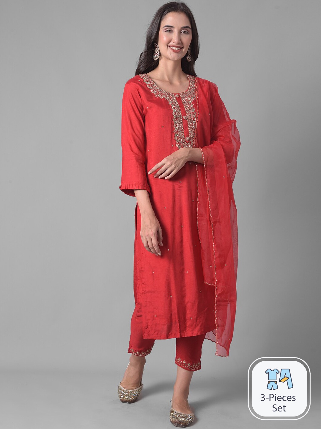 Dollar Missy Ethnic Motifs Yoke Design Regular Zardozi Kurta With Trousers & Dupatta, Red
Dollar Missy Ethnic Motifs Yoke Design Regular Zardozi Kurta With Trousers & Dupatta, Red