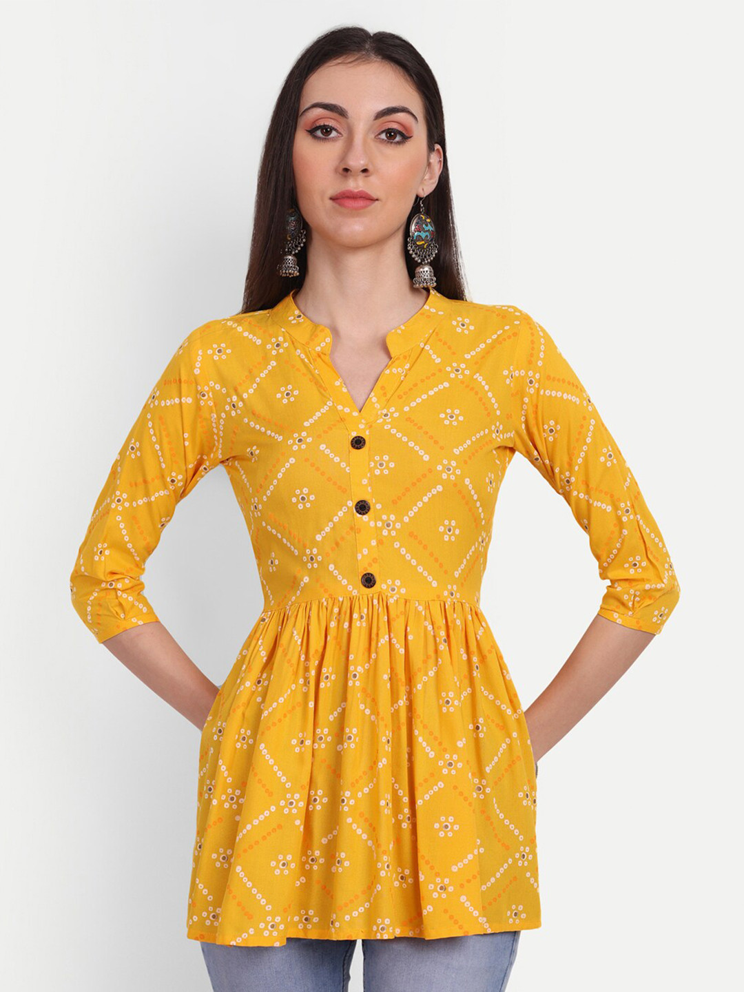 HANUMNTRA Geometric Printed Mandarin Collar Gathered Detailed Longline A-Line Top, Yellow
HANUMNTRA Geometric Printed Mandarin Collar Gathered Detailed Longline A-Line Top, Yellow