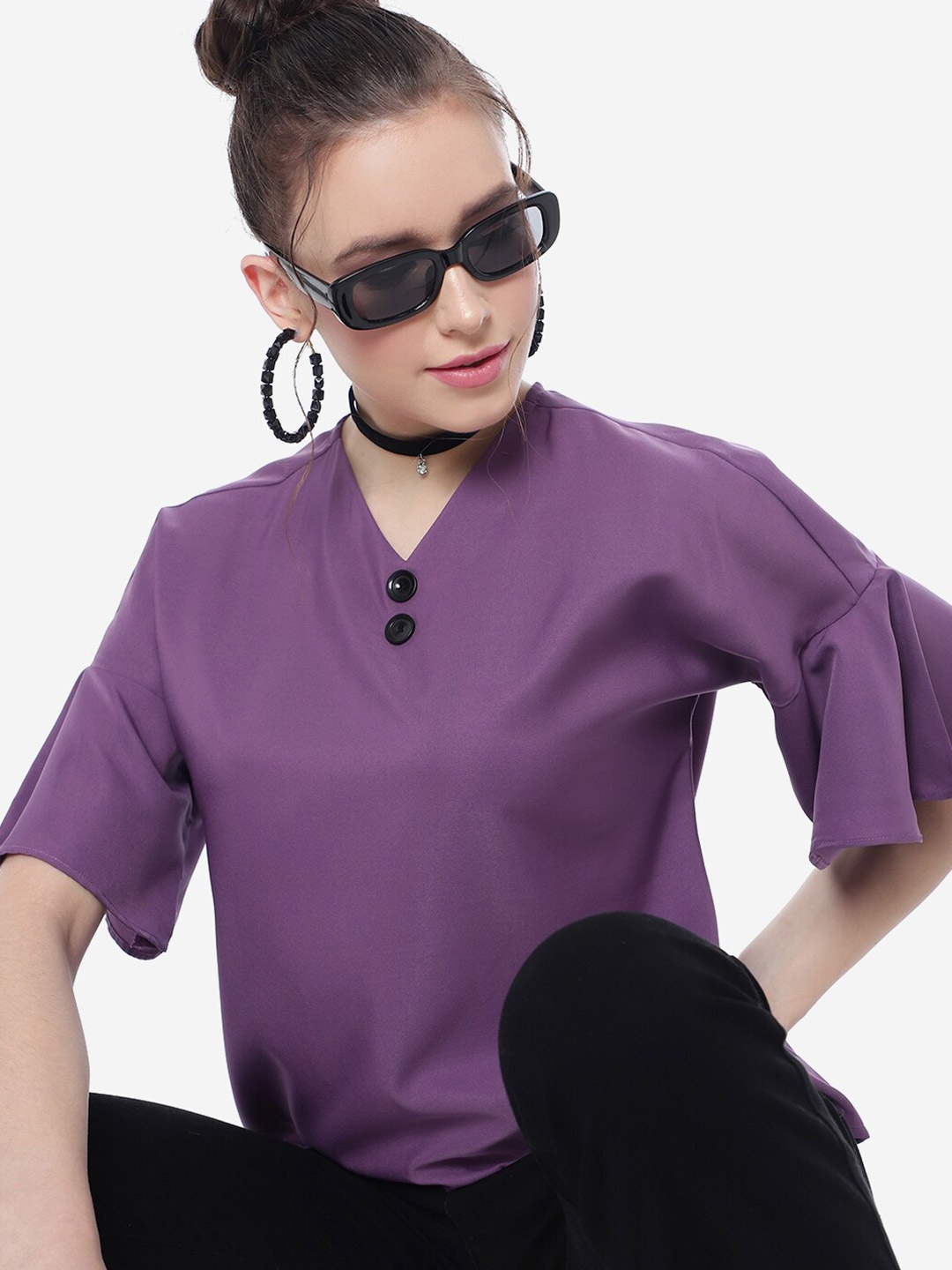 CLEMIRA V-Neck Bell Sleeves Regular Top, Purple