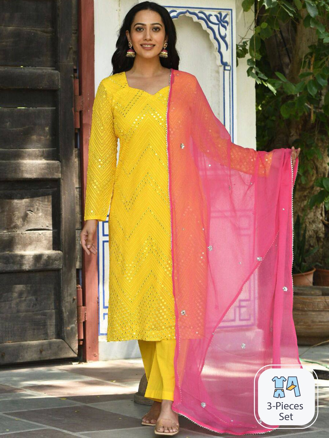 BLACK SCISSOR Ethnic Motifs Embroidered Mirror Work Kurta With Trousers & Dupatta, Yellow
BLACK SCISSOR Ethnic Motifs Embroidered Mirror Work Kurta With Trousers & Dupatta, Yellow