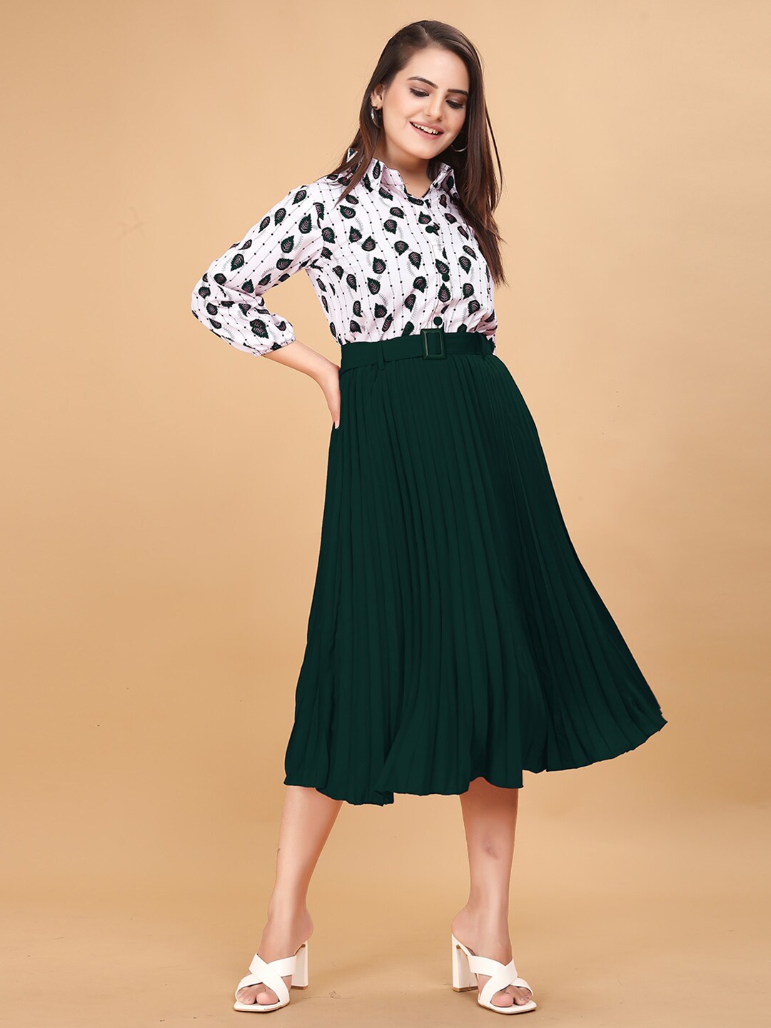 DEKLOOK Floral Printed Shirt Collar Accordion Pleated Belted Fit & Flare Dress, White
DEKLOOK Floral Printed Shirt Collar Accordion Pleated Belted Fit & Flare Dress, White