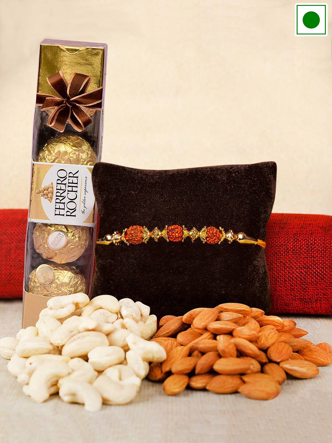 TIED RIBBONS Rudraksh Rakhi With Ferrero Rocher Chocolates & Almonds Cashew Gift Set, Gold
TIED RIBBONS Rudraksh Rakhi With Ferrero Rocher Chocolates & Almonds Cashew Gift Set, Gold