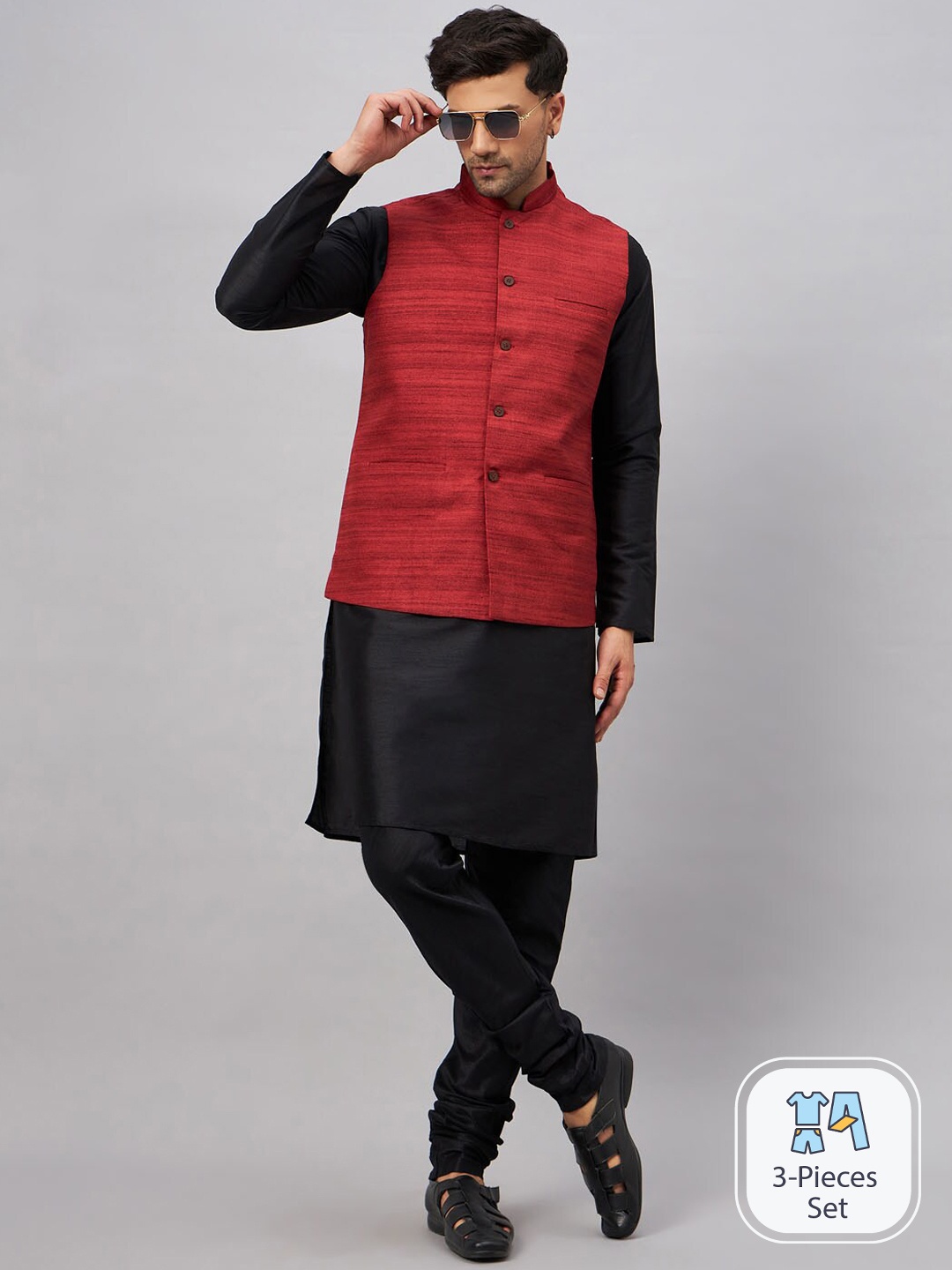 VASTRAMAY Mandarin Collar Straight Kurta With Churidar & Woven Design Nehru Jacket, Black
VASTRAMAY Mandarin Collar Straight Kurta With Churidar & Woven Design Nehru Jacket, Black