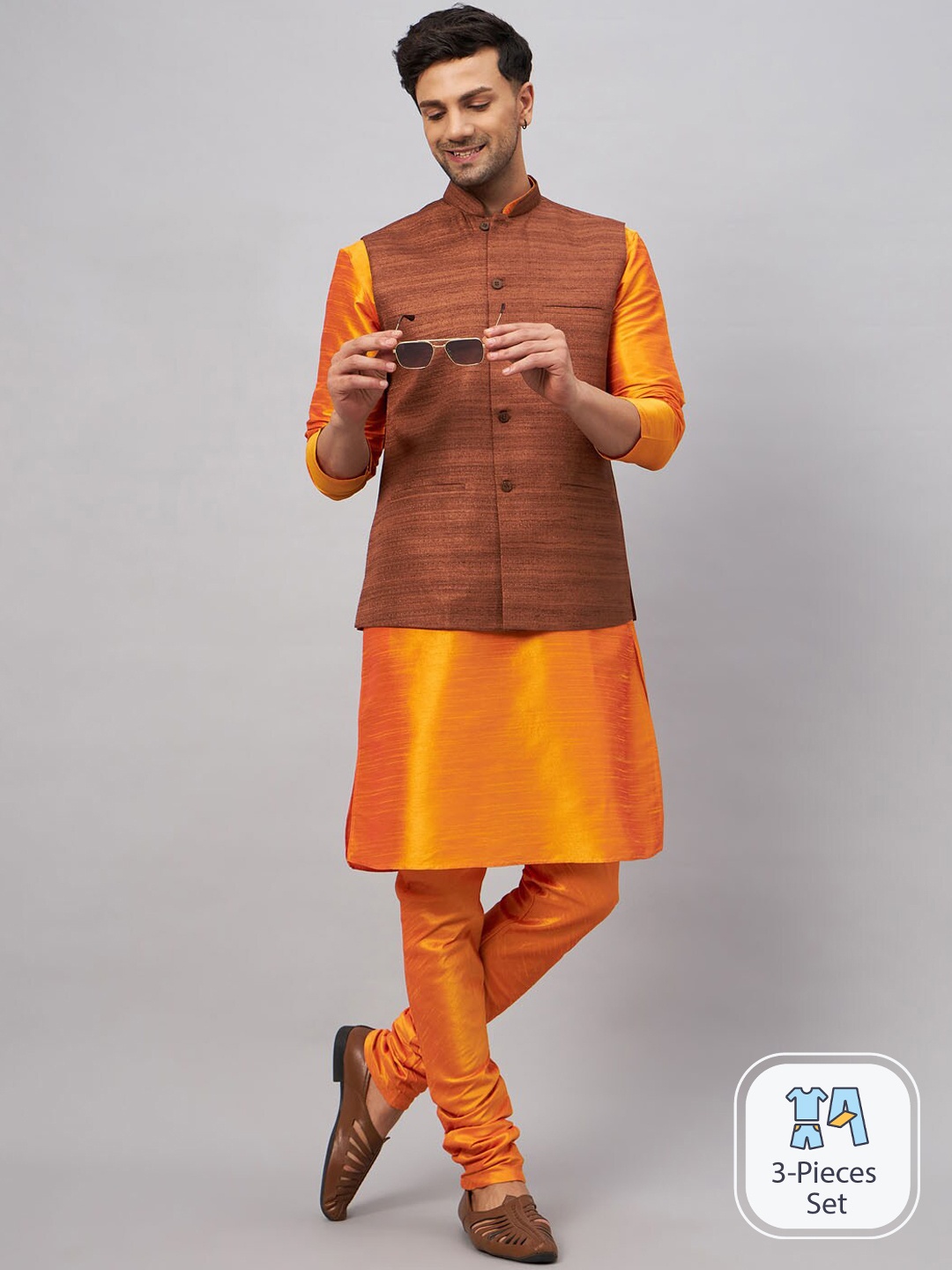 VASTRAMAY Mandarin Collar Straight Kurta With Churidar & Woven Design Nehru Jacket, Orange
VASTRAMAY Mandarin Collar Straight Kurta With Churidar & Woven Design Nehru Jacket, Orange