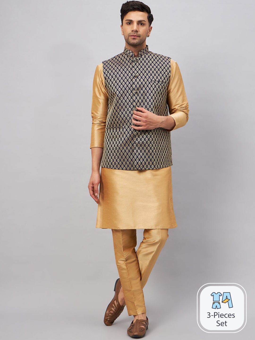VASTRAMAY Mandarin Collar Straight Kurta With Churidar & Woven Design Nehru Jacket, Rose gold
VASTRAMAY Mandarin Collar Straight Kurta With Churidar & Woven Design Nehru Jacket, Rose gold