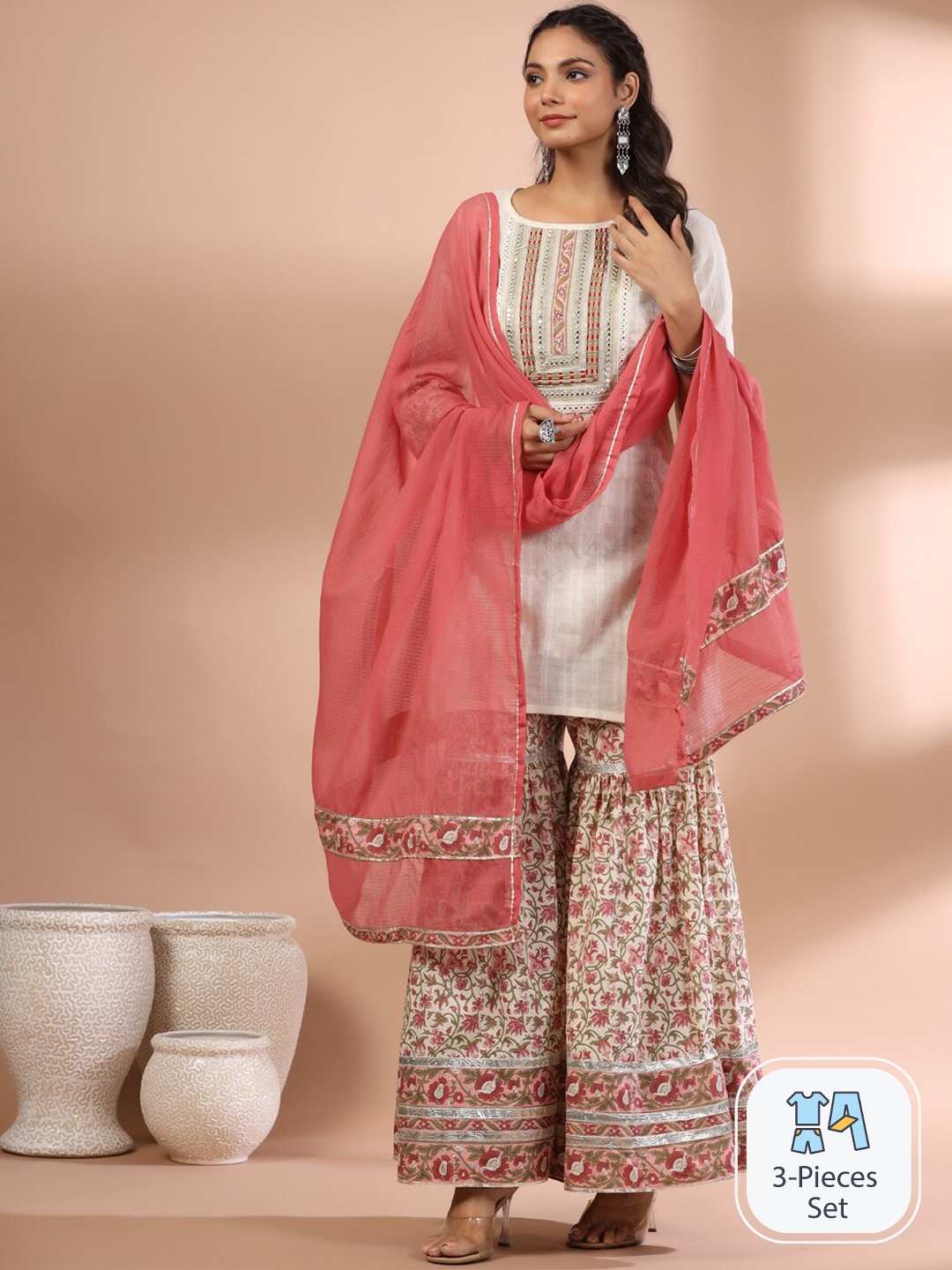 Readiprint Fashions Floral Yoke Design Regular Pure Cotton Kurta with Sharara & Dupatta, White
Readiprint Fashions Floral Yoke Design Regular Pure Cotton Kurta with Sharara & Dupatta, White