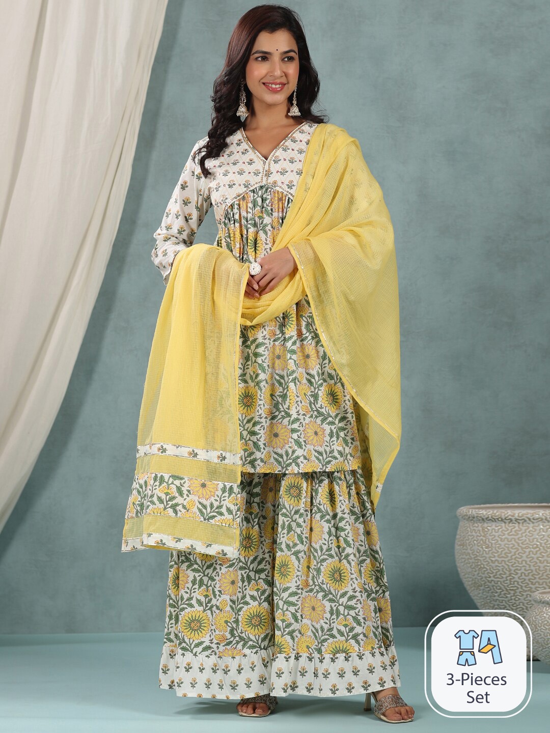 Readiprint Floral Printed Empire Pure Cotton Kurta With Sharara & With Dupatta, Yellow
Readiprint Floral Printed Empire Pure Cotton Kurta With Sharara & With Dupatta, Yellow