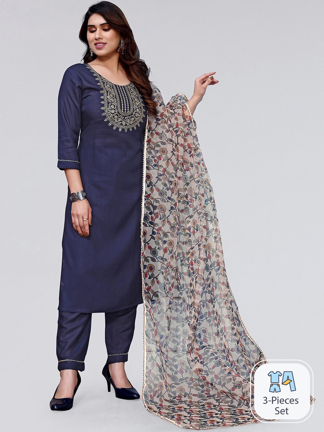 KALINI Ethnic Motifs Yoke Design Regular Sequinned Kurta With Trousers & Dupatta, Navy blue
KALINI Ethnic Motifs Yoke Design Regular Sequinned Kurta With Trousers & Dupatta, Navy blue