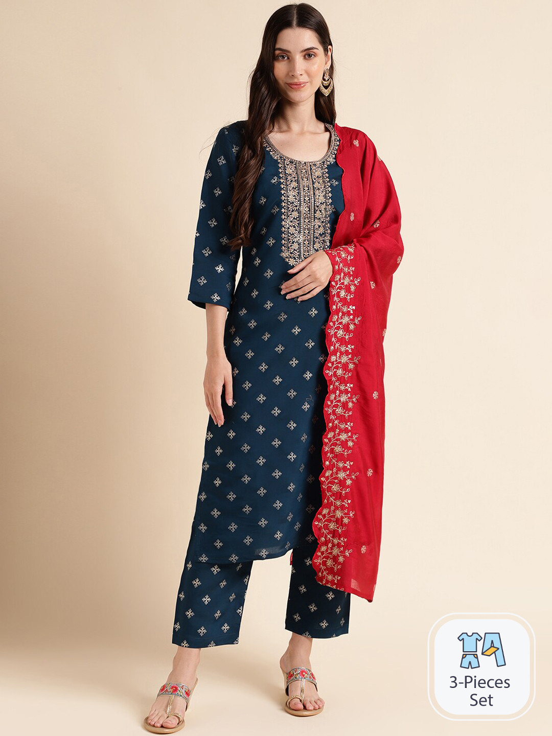 MESMORA FASHION Ethnic Motifs Printed Sequinned Cotton Kurta With Trousers & Dupatta, Blue 
MESMORA FASHION Ethnic Motifs Printed Sequinned Cotton Kurta With Trousers & Dupatta, Blue