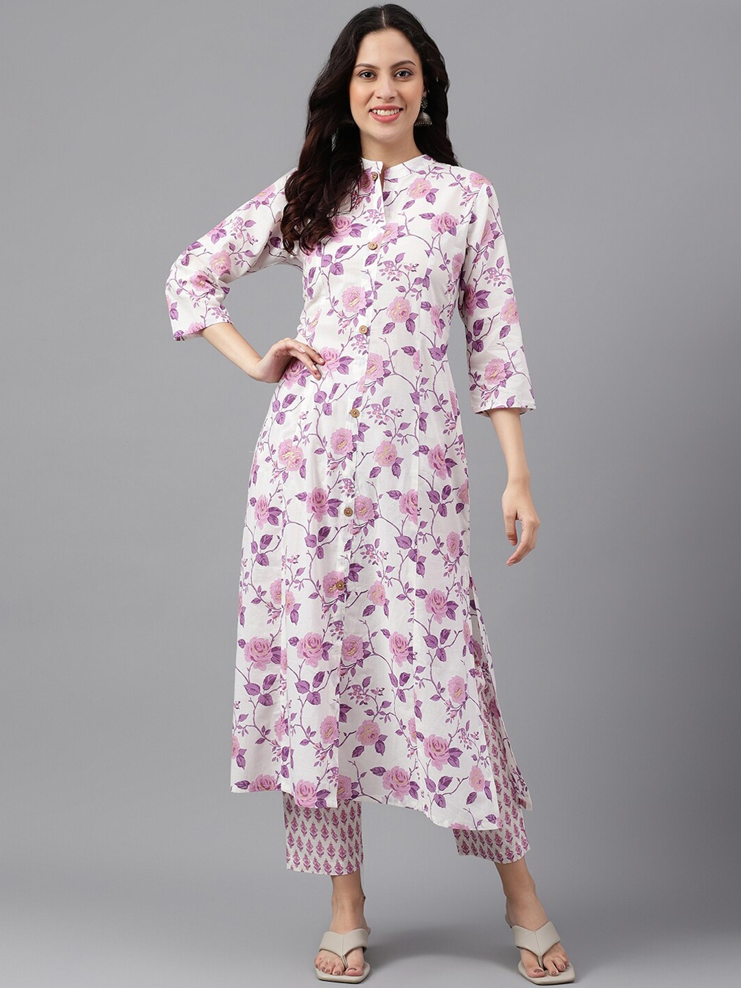 SAABHI Floral Printed Mandarin Collar Pure Cotton Straight Kurta, White