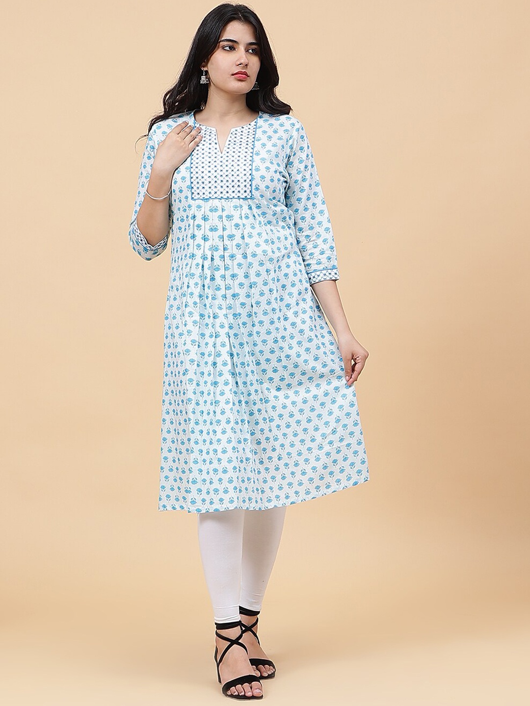 See Designs Floral Printed Yoke Design Cotton A-Line Kurta, Blue
