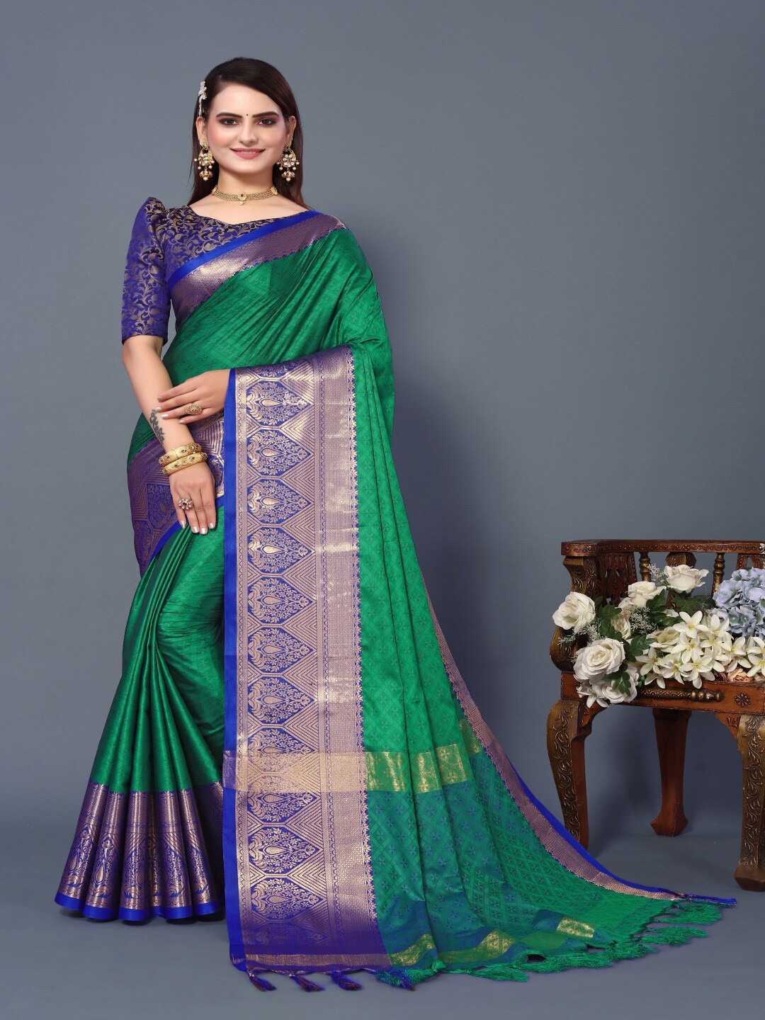 Paramparik Textile Ethnic Motifs Woven Design Zari Silk Cotton Banarasi Saree, Green
Paramparik Textile Ethnic Motifs Woven Design Zari Silk Cotton Banarasi Saree, Green