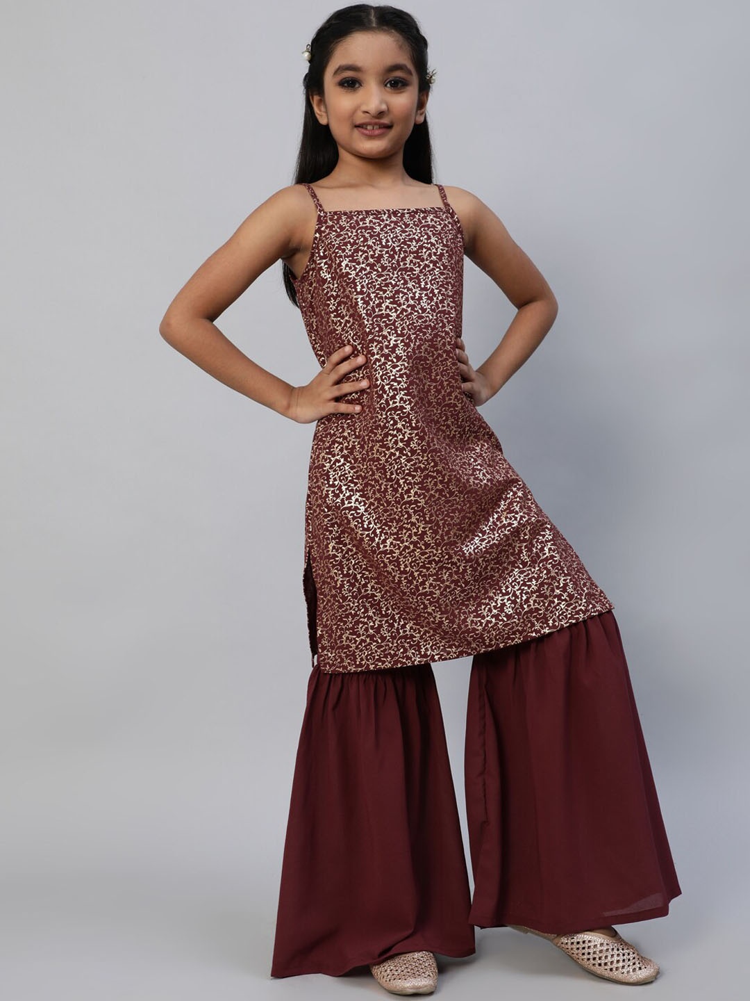 Aks Kids Girls Floral Printed Shoulder Straps Georgette Kurta With Sharara, Burgundy
Aks Kids Girls Floral Printed Shoulder Straps Georgette Kurta With Sharara, Burgundy