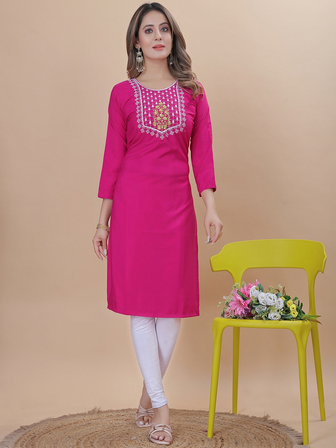 KALINI Floral Yoke Design Thread Work Straight Kurta, Pink