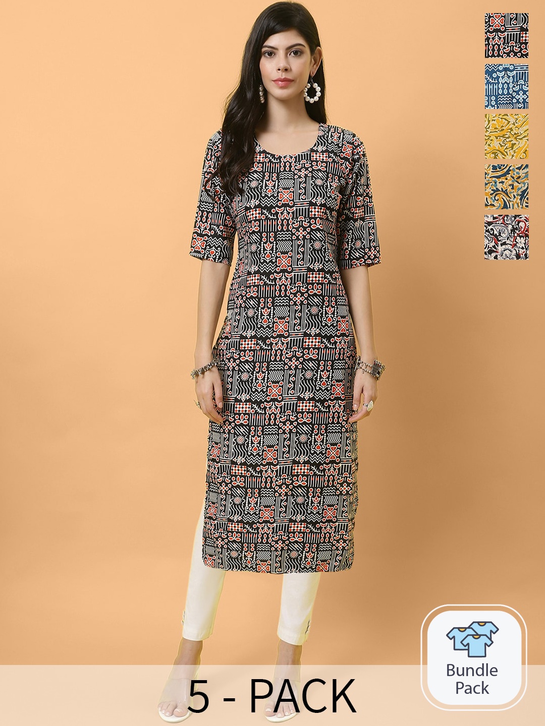 Ethnic basket Selection Of 5 Ethnic Motifs Printed Round Neck Straight Kurtas, Black
Ethnic basket Selection Of 5 Ethnic Motifs Printed Round Neck Straight Kurtas, Black